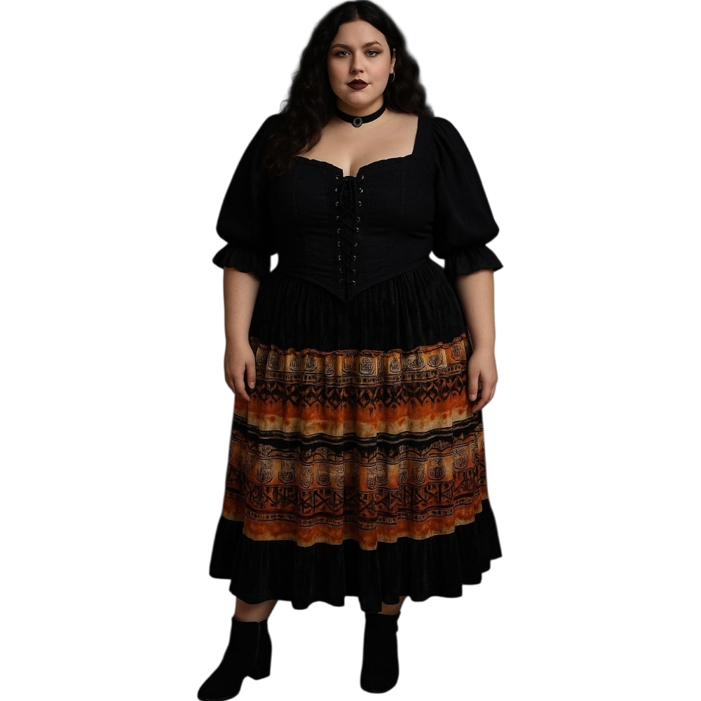 Script Y2K Whimsigoth Velvet Peasant Midi Skirt  Script Border Print Size 20